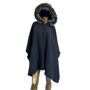 Y2K Moda International Wool Blend Zipper Closure Cape with Faux Fur Hood, M/L